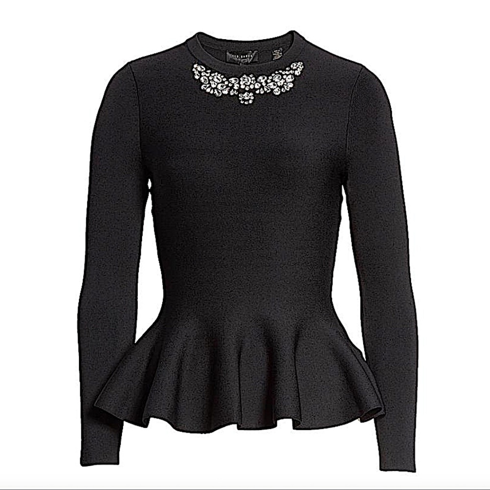 Ted Baker Embellished Peplum Black with Tag Sweater